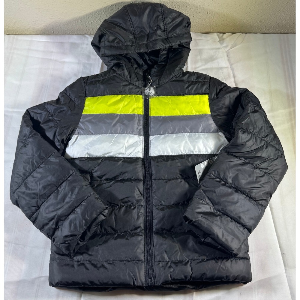 iXtreme Boys Puffer Jacket Black Neon Yellow Grey Stripe Hooded Coat Size 7